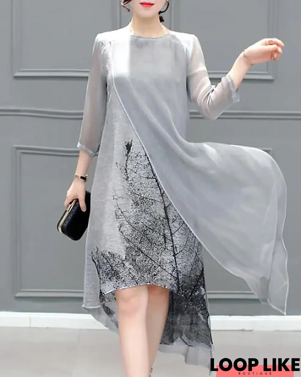 Women's Chiffon Dress Knee Length Dress - 3/4 Length Sleeve Print Layered Summer Plus Size Hot Going Out Gray