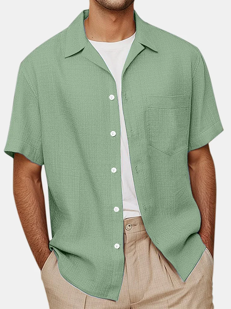 Men's Summer Daily Solid Color Imitation Linen Pocket Short-sleeved Shirt