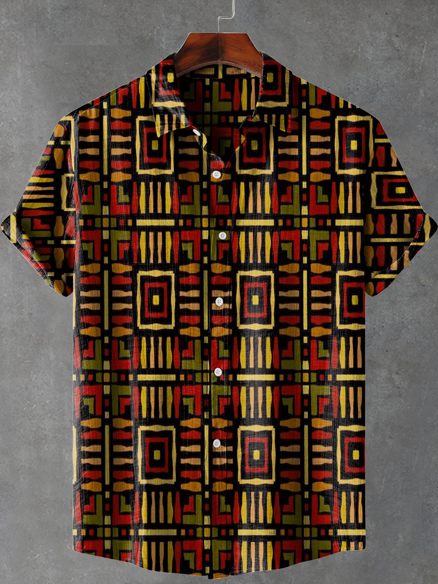 Retro African Geometric Stripes Art Print Casual 100% Cotton Shirt