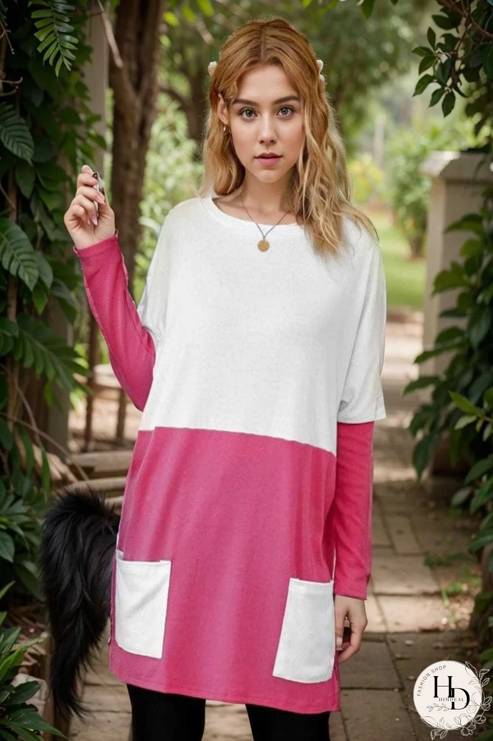 two color stitching pocket loose long sleeve t shirt