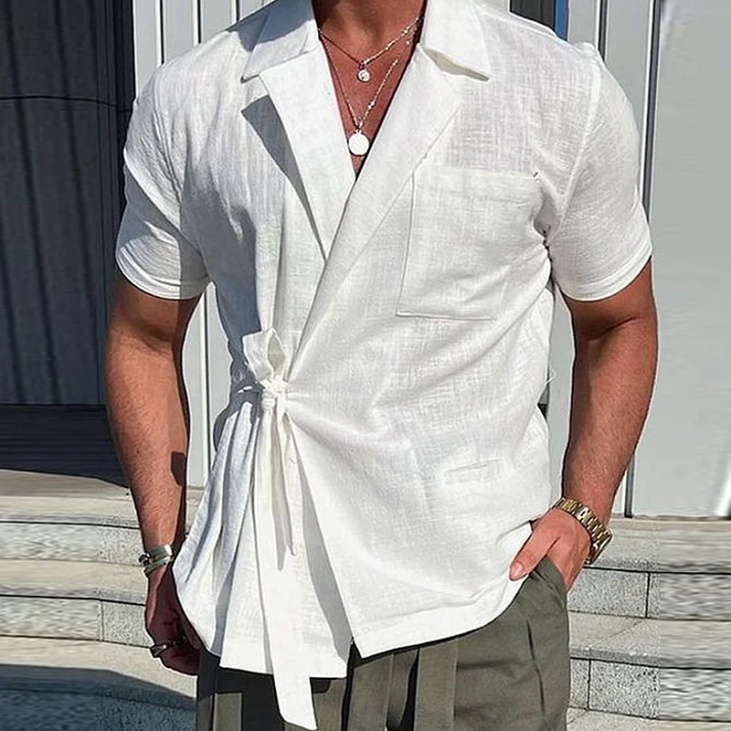 Men's Cotton Linen Suit Lapel Lace Short Sleeve Shirt