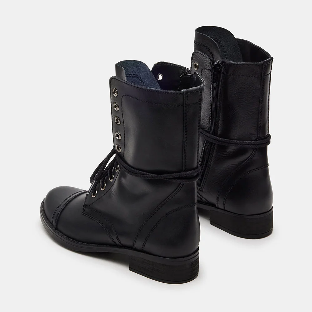 Black Vegan Leather Round Toe Flat Lace Up Ankle Boots for Women