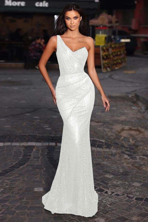 Daisda Green One Shoulder Sleeveless Mermaid Princess Prom Dress With Sequins