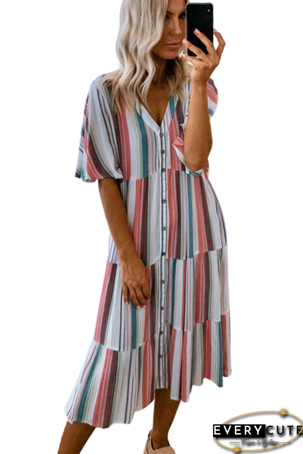 Serape Striped V Neck Buttoned Shirt Dress