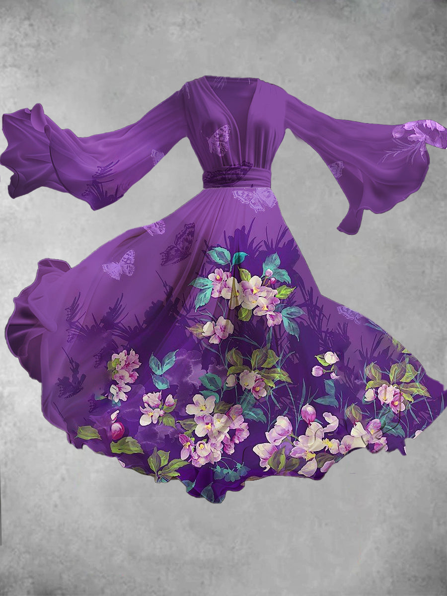 Purple Floral Art Print V-Neck Long Sleeve Vintage Flowy Midi Dress