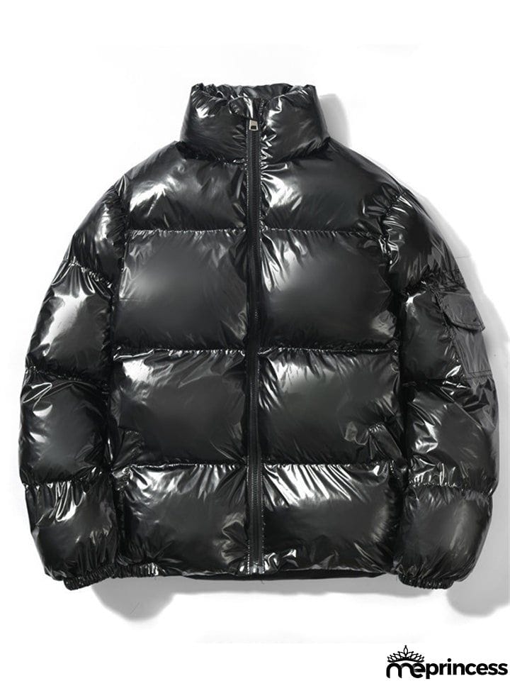 Trendy Casual Solid Zipper Stand Collar Loose Shiny Reflective Coats