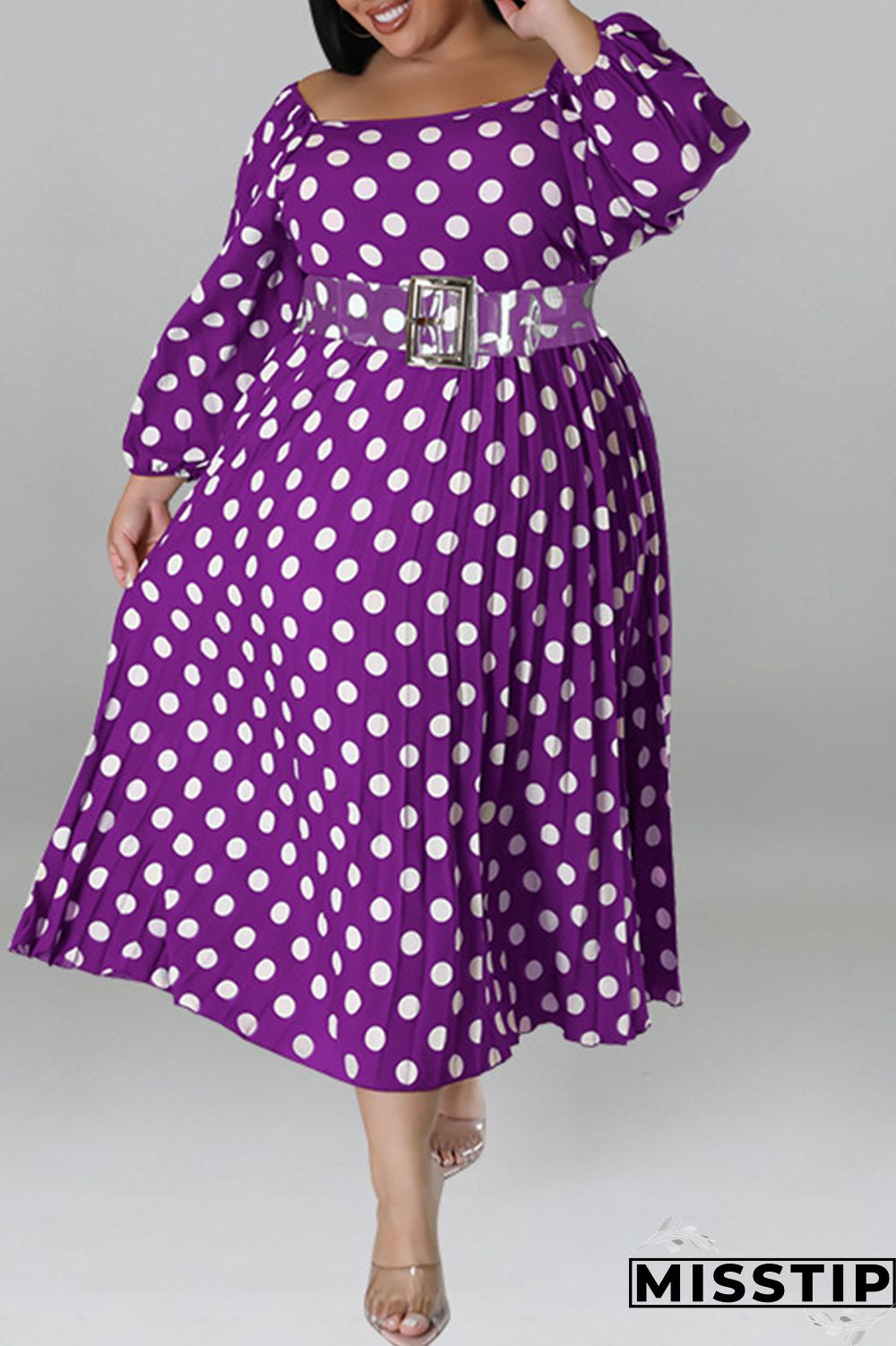 Black Casual Dot Print Patchwork Backless O Neck Long Sleeve Plus Size Dresses (Without Belt)