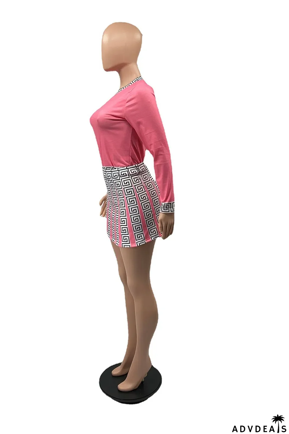 Pink Fashion Print Patchwork O Neck Long Sleeve Two Pieces