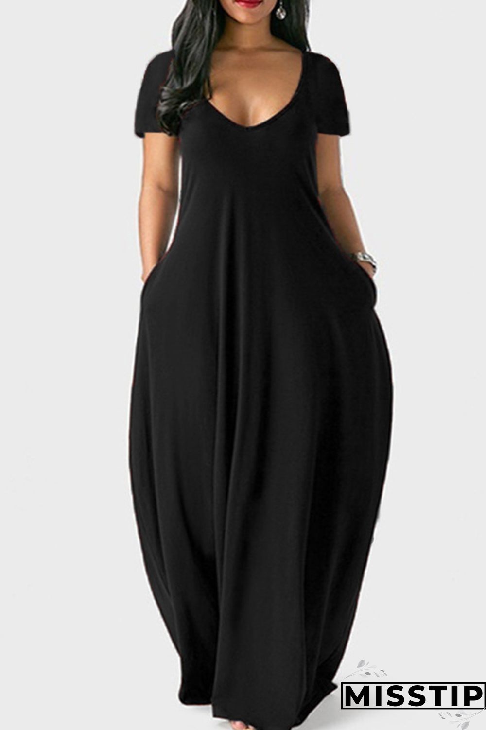 Grey Casual Solid Patchwork Pocket V Neck Short Sleeve Dress Dresses