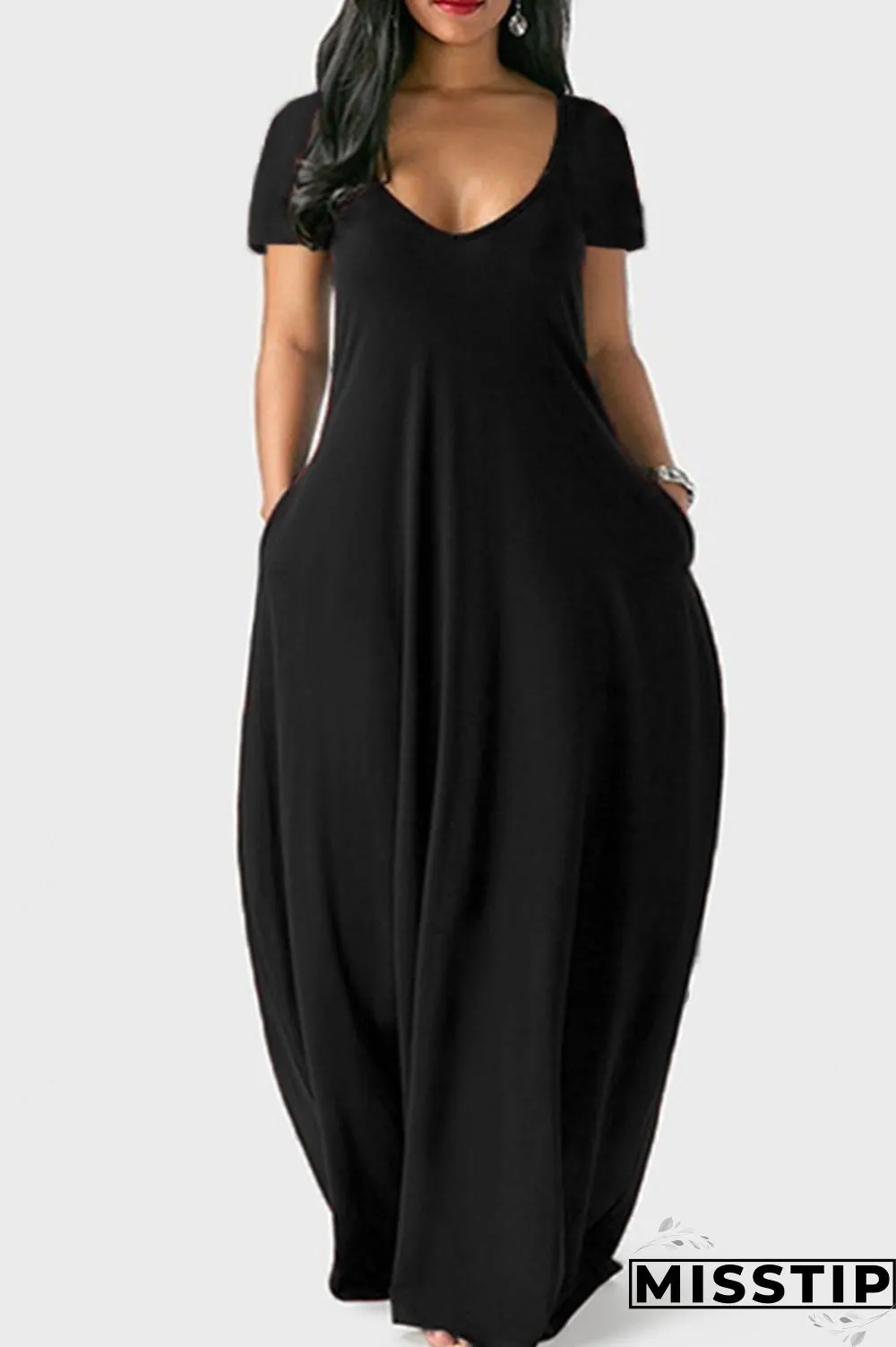 Grey Casual Solid Patchwork Pocket V Neck Short Sleeve Dress Dresses