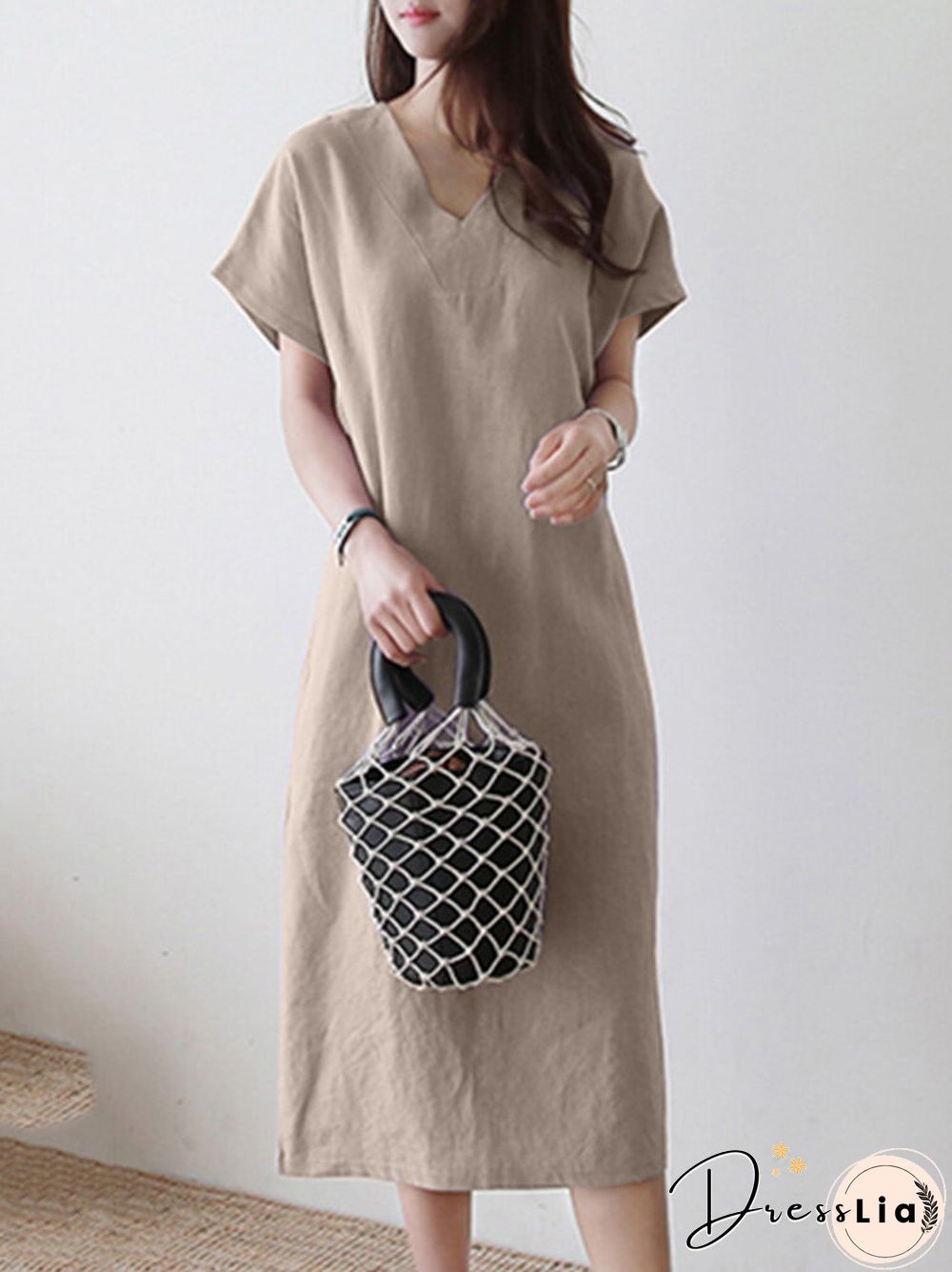 Solid V-neck Short Sleeve Dress For Women