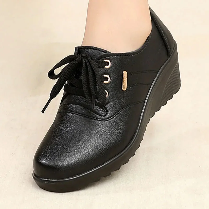GKTINOO 2022 Spring Autumn Women's Leather Sneakers Platform Shoes Lady Wedge Casual Shoes Mother High Heels Lace-up Shoes