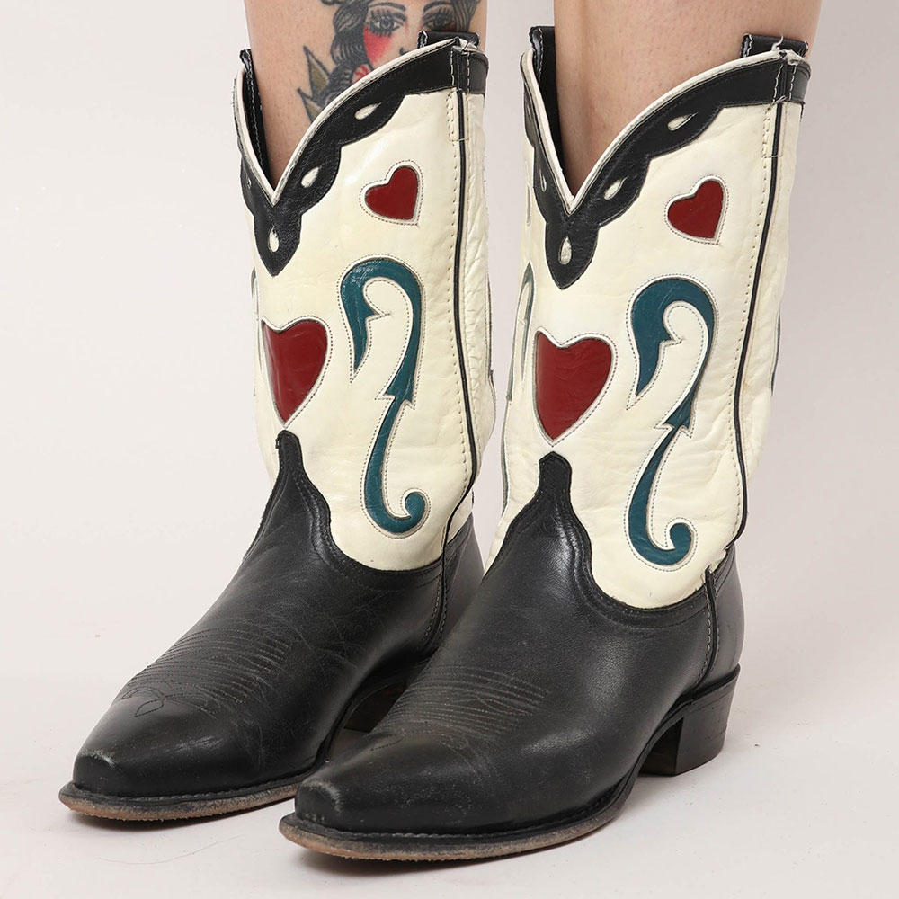 Black & Ivory Heart Inlay Snip Toe Patchwork Mid-Calf Cowgirl Boots Nicepairs