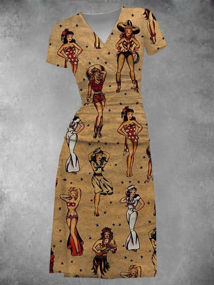 Women's Retro Brooch Girl Tattoo Maxi Dress