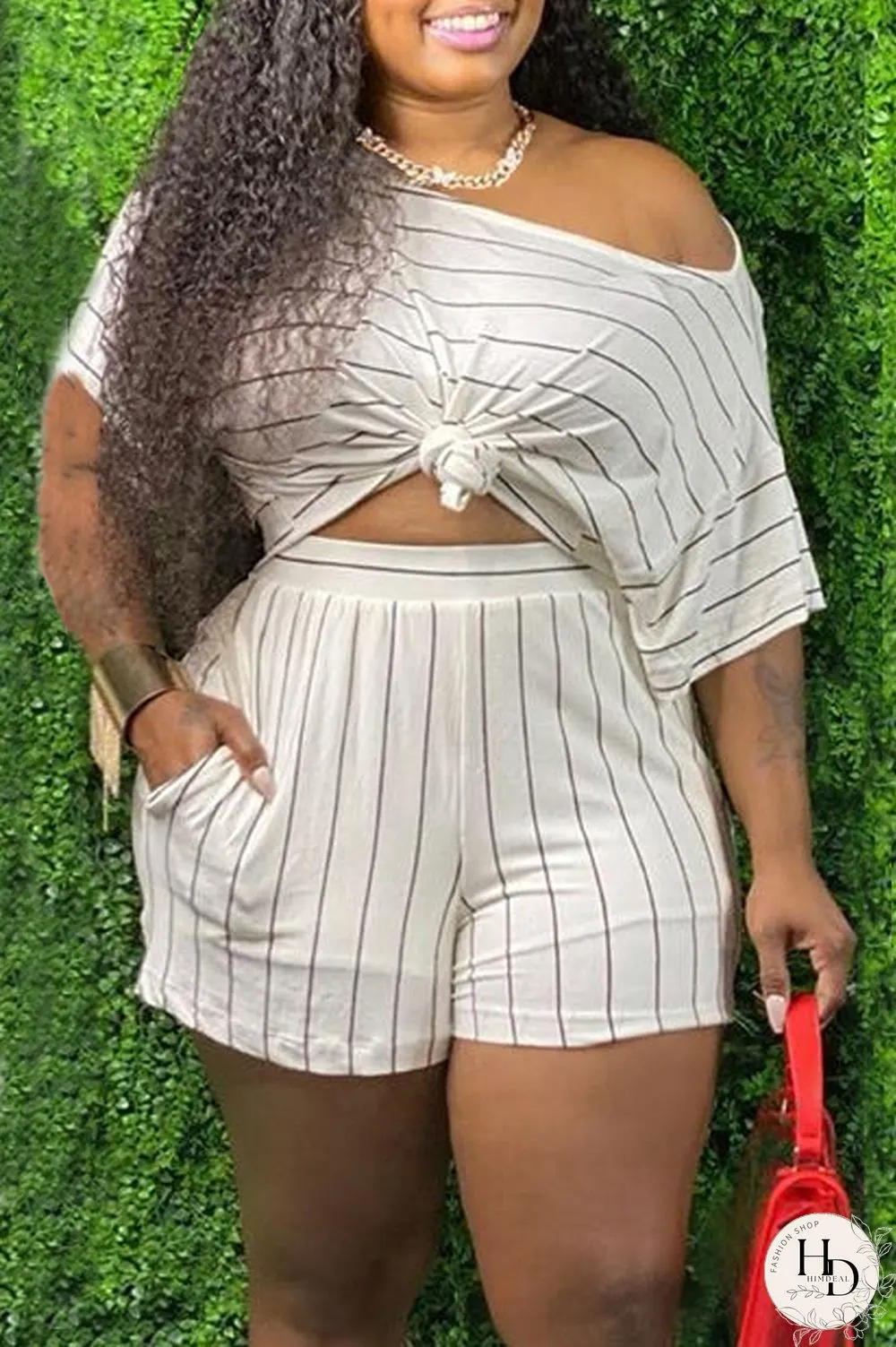 watermelon red Fashion OL One Shoulder Collar Striped Two Piece Suits Stripe Plus Size
