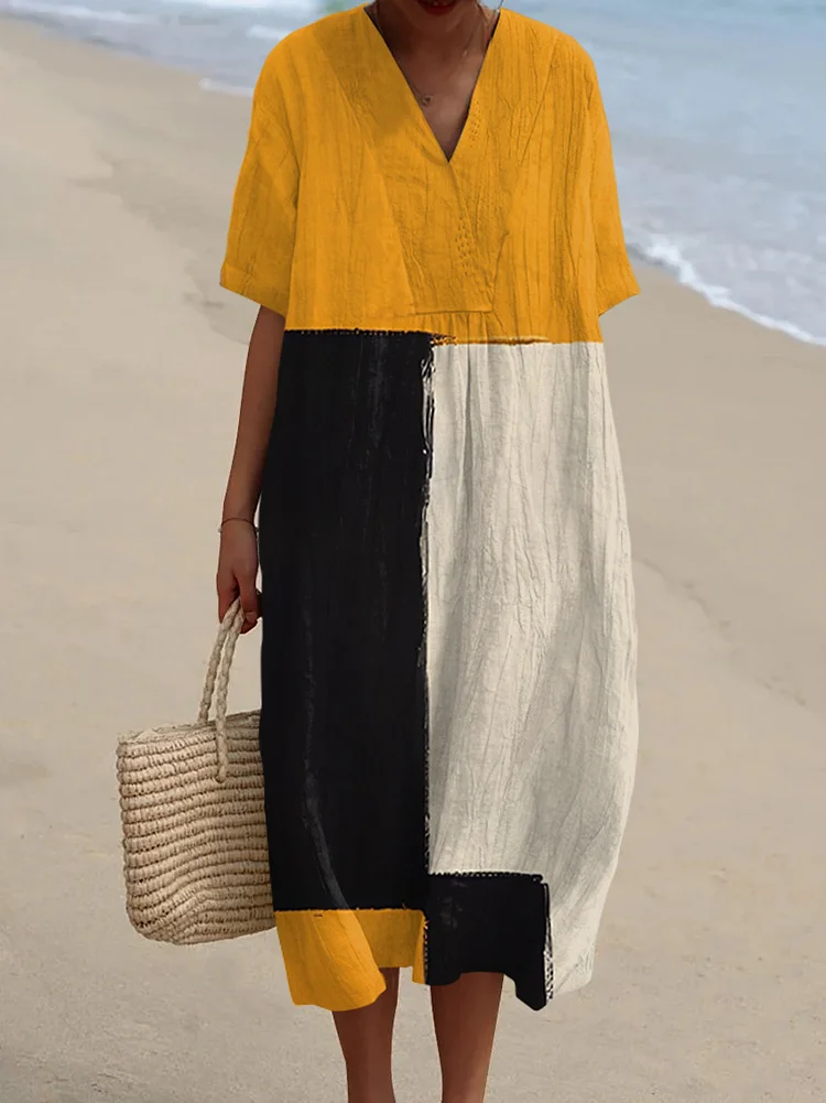 Vintage Color Block Art Print V Neck Midi Dress