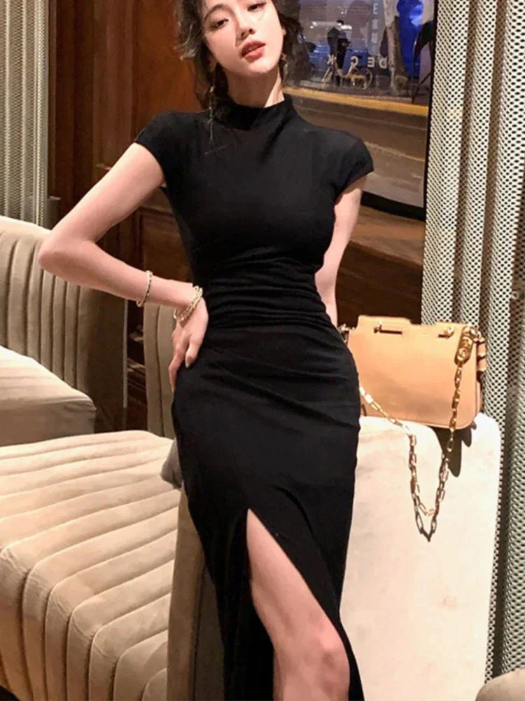 Abebey-Women's Elegant Summer 2024 Sexy Bodycon Dress Solid High Split Short Sleeve Evening Party Dresses Prom Robe Vestidos Rapo Mujer