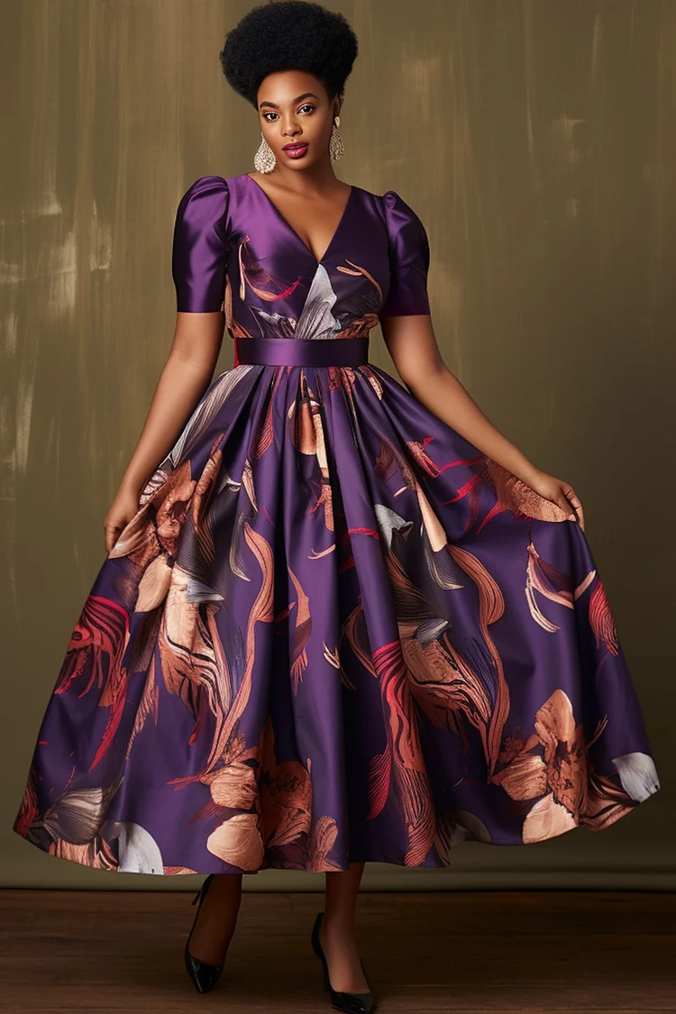 Xpluswear Design Plus Size Semi Formal Purple All Over Print V Neck Short Sleeve Pocket Vintage Midi Dresses [Pre-Order] 2024 - Xpluswear