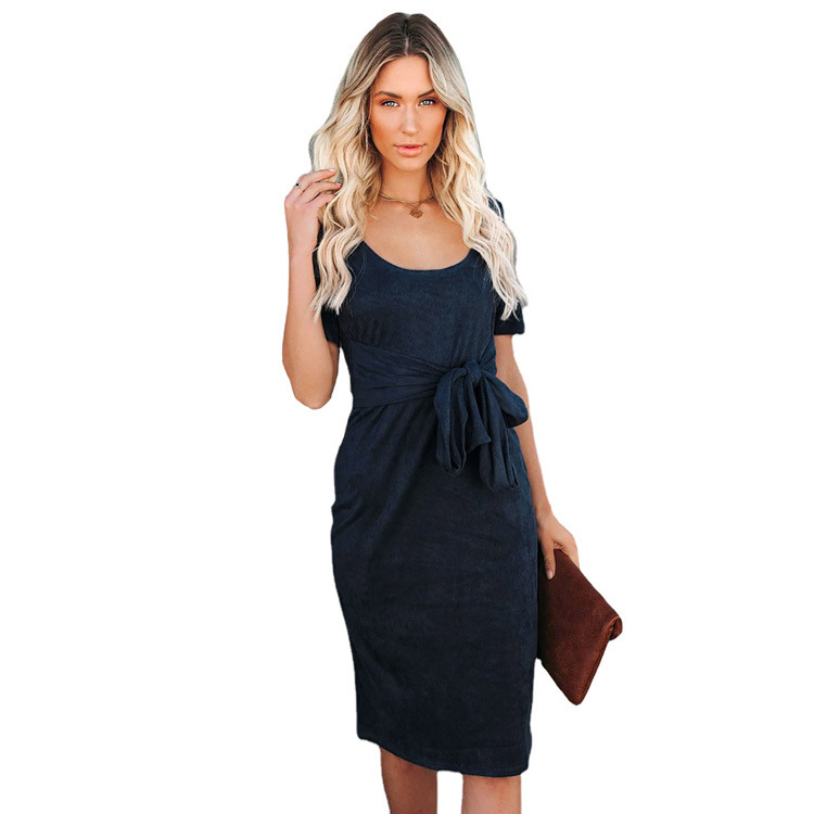 Solid O-Neck Short Sleeve Casual Summer Dress