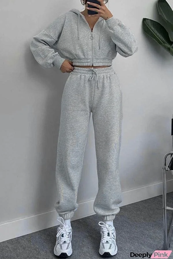 Hooded Zip Up Waist Sweatshirt and Elastic Waist Lace Up Pants Set