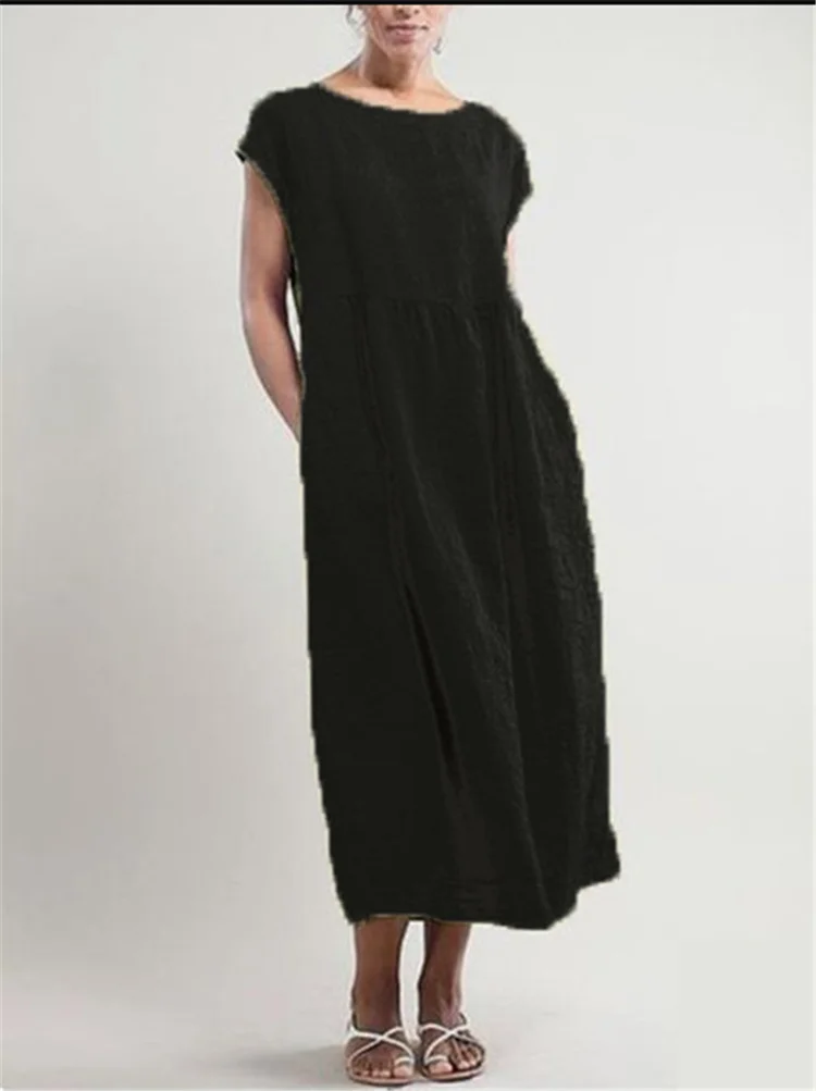 Cotton Linen Women's A Line O Neck Loose Casual Loose Plus Size Dress