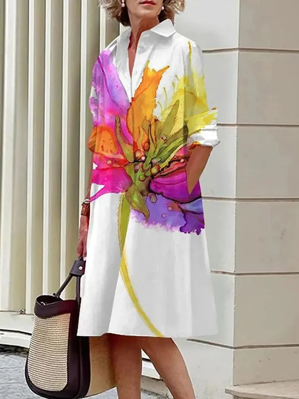 Long Sleeves Loose Floral Printed Split-Joint Lapel Midi Dresses Shirt Dress