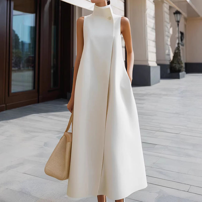 Elegant Stand Up Collar Sleeveless Midi Dress elevenforest