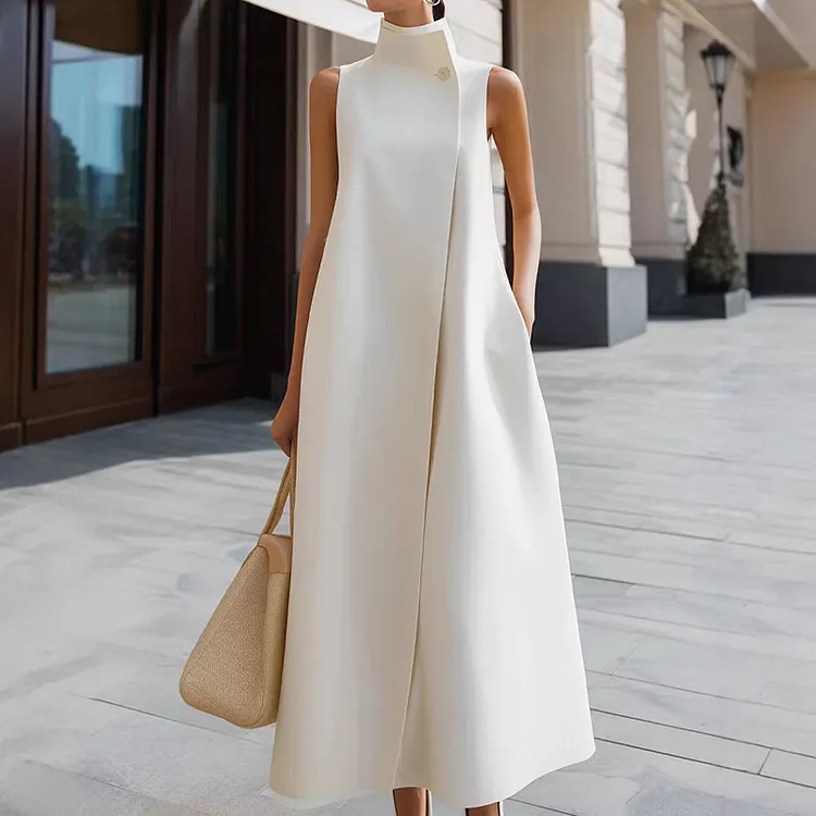 Elegant Stand Up Collar Sleeveless Midi Dress