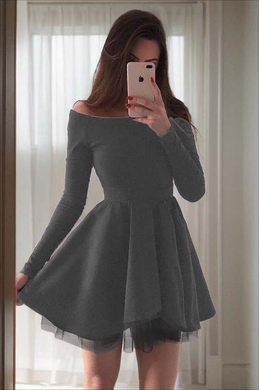 Hidais Charming Black Strapless Long Sleeves High Waist A Line Homecoming Dress 