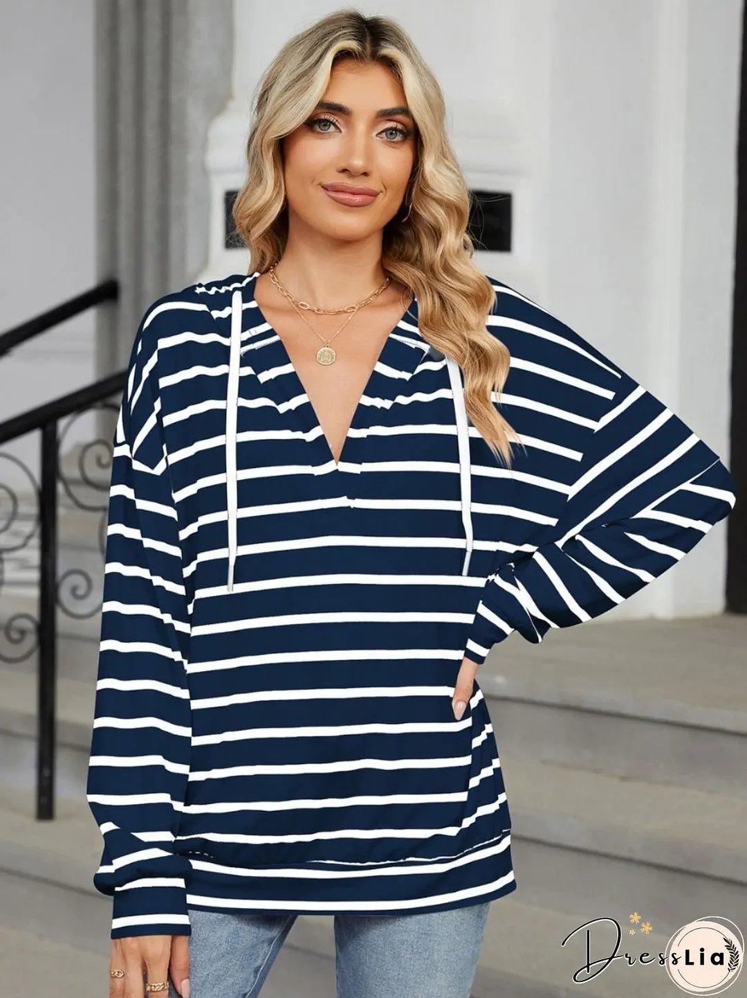 Drawstring Striped Long Sleeve Hoodie