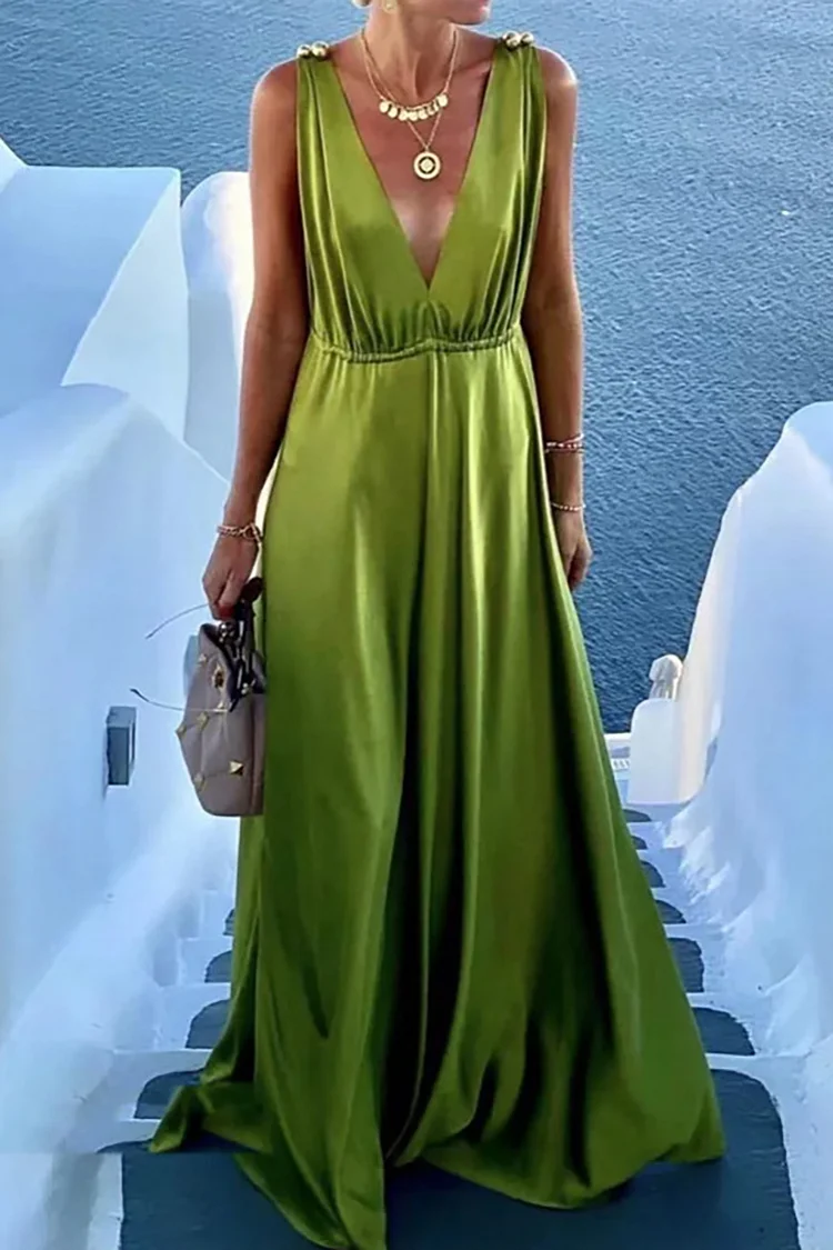 Deep V Neck Sleeveless Beads Pleated Backless Satin Prom Maxi Dresses