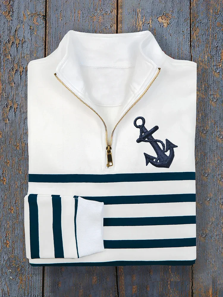 Men's Anchor Patch Nautical Boat Art Print Casual Half Zip Sweatshirt