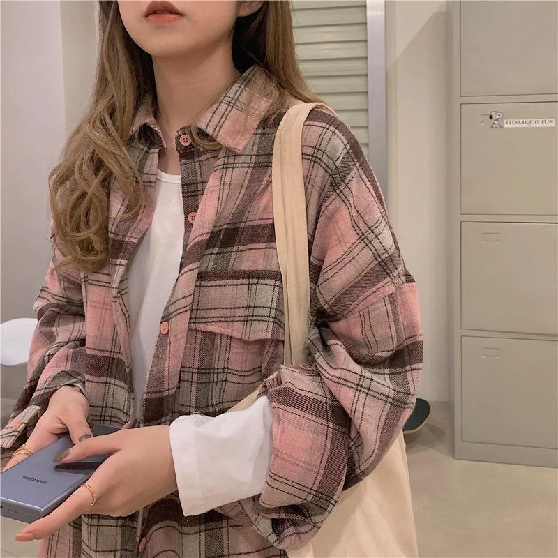 2021 Vintage Plus Size Women Shirt Plaid Oversize Casual Clothes Top And Blouses Long Sleeve Cotton Pocket Female Checked Shirt