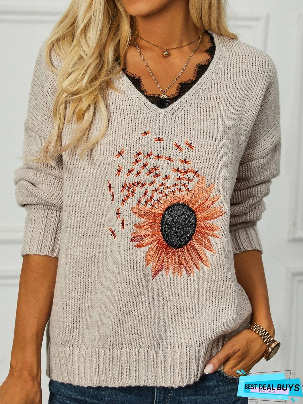 Casual Sunflower Lace V Neck Loose Tunic Sweater