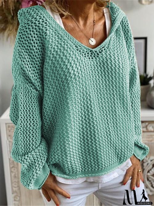 MidiSono - Openwork Hooded Long Sleeve Sweater