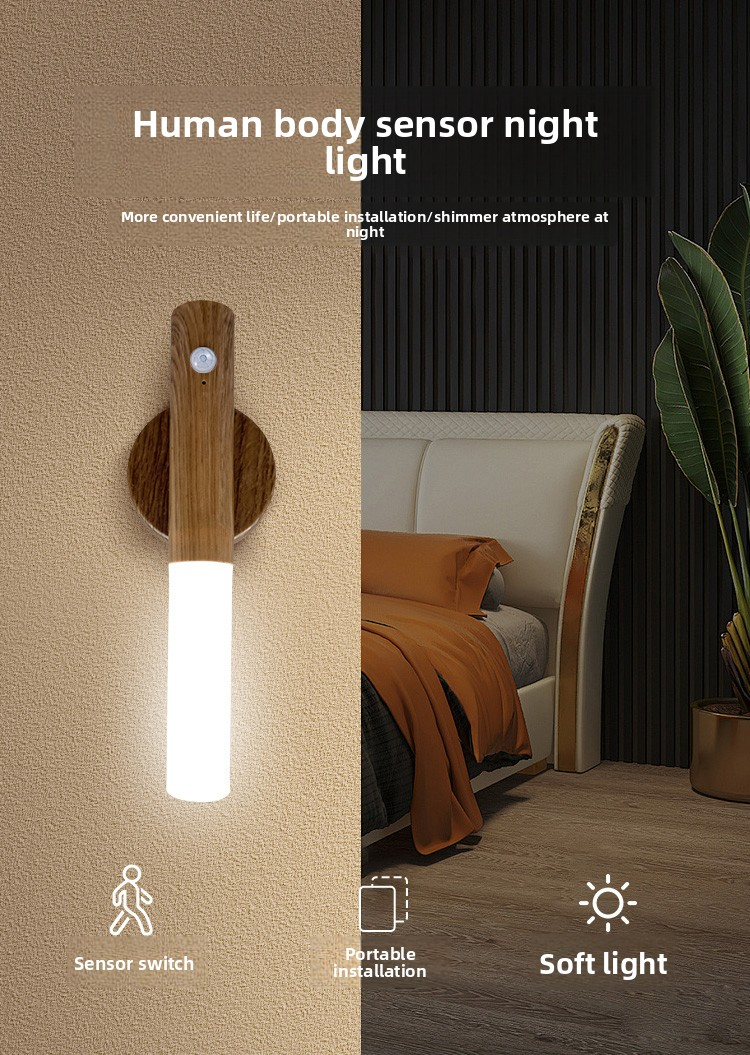 Tegooe Modern Wooden Motion Sensor Wall Sconce LED Night Light - USB Rechargeable Wireless Smart Induction Lamp for Bedside