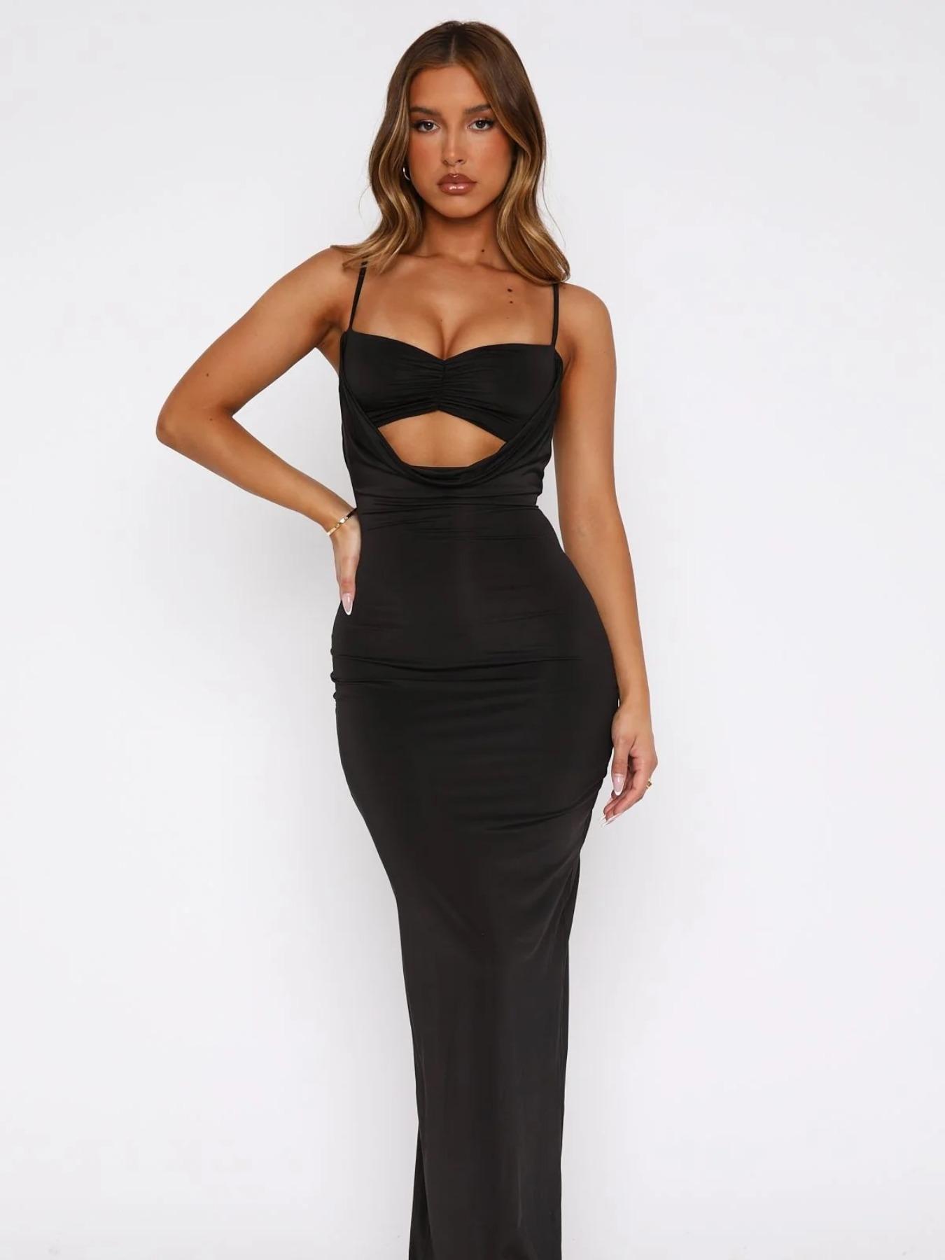 Valentine's Day Women's Low Cut Design Dress, Womenswear Sexy Elegant Feminine Long Gown with Adjustable Straps, Ruched Bust Tight Fit, Slim-Fitting Style