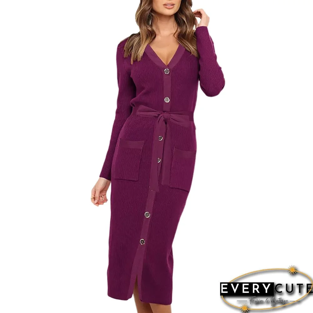 Purple Red Rib Button Tie Waist Midi Dress with Pocket