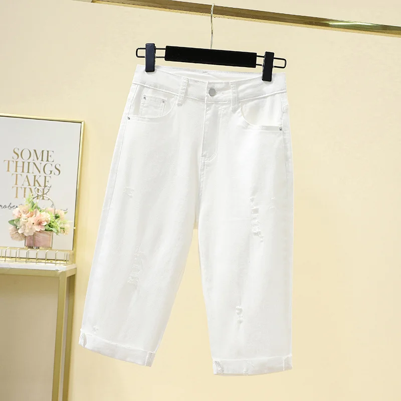 Cuffs Ripped Baggy Jeans Woman High Waist Streight Straight Denim Pants Ladies Knee Length Casual Hole Jeans Pant. Dialogues Mujer