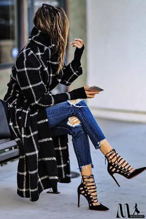 MidiSono - Pockets Plaid Long Hoodie Coat