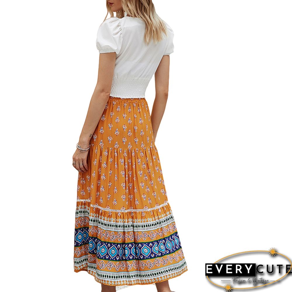 Yellow Floral Print Elastic Waist Pocket Midi Skirt