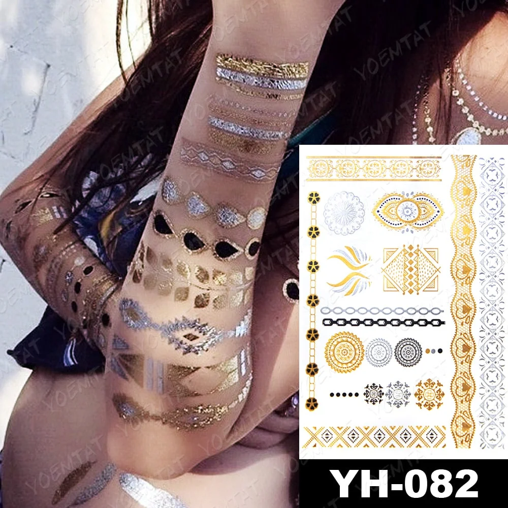 Waterproof Temporary Tattoo Sticker Gold Silver Henna Indian Hand Painted Glitter Tattoos Women Mandala Flower Feather Body Art