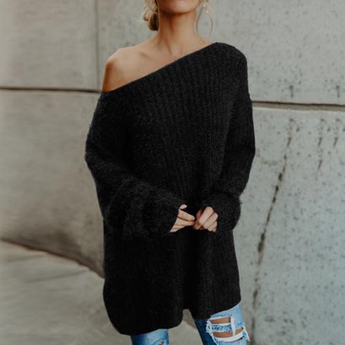 Sexy Off-Shoulder Knit Solid Color Loose Bell Sleeve Sweater