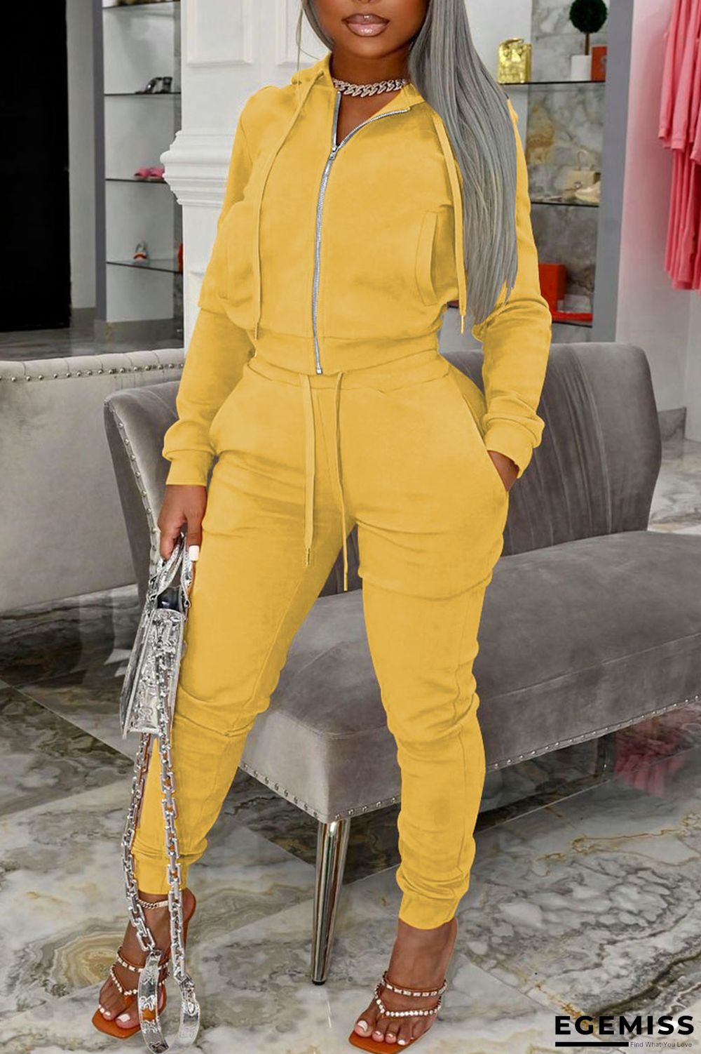 Yellow Casual Solid Patchwork Pocket Zipper Hooded Collar Long Sleeve Two Pieces | EGEMISS