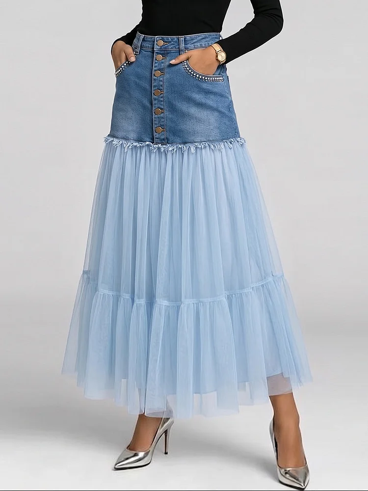 Women's High-waisted Loose-fit Casual Denim-paneled Skirt