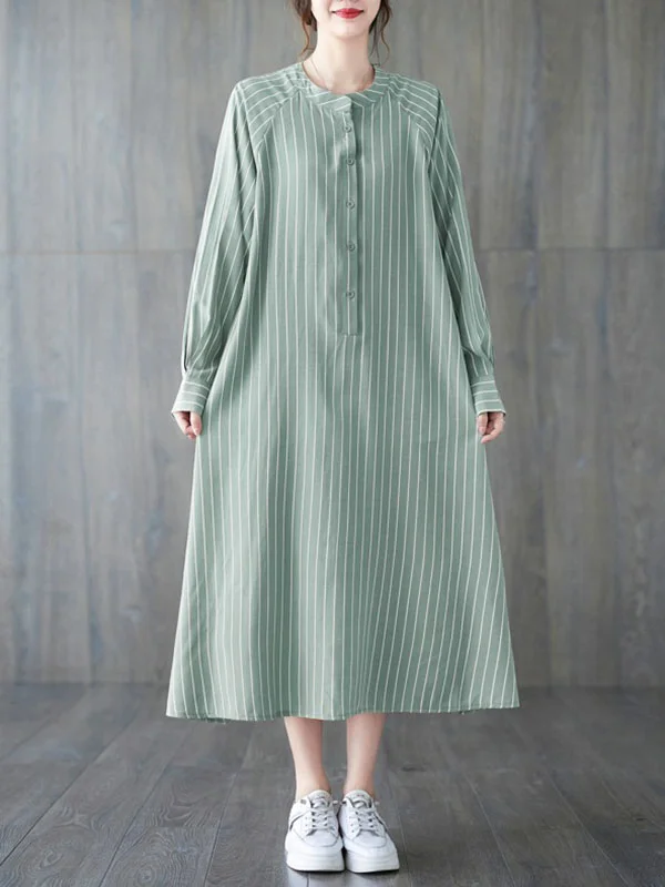Long Sleeves Loose Buttoned Split-Side Striped Round-Neck Midi Dresses Shirt Dress