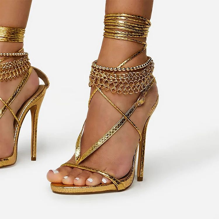 Gold Metallic Chain Shoes Women's Ankle Strap Sandals Sexy Heels |FSJ Shoes