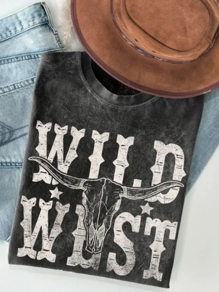 VChics Wild West & Cow Head Print Washed Cotton T-Shirt