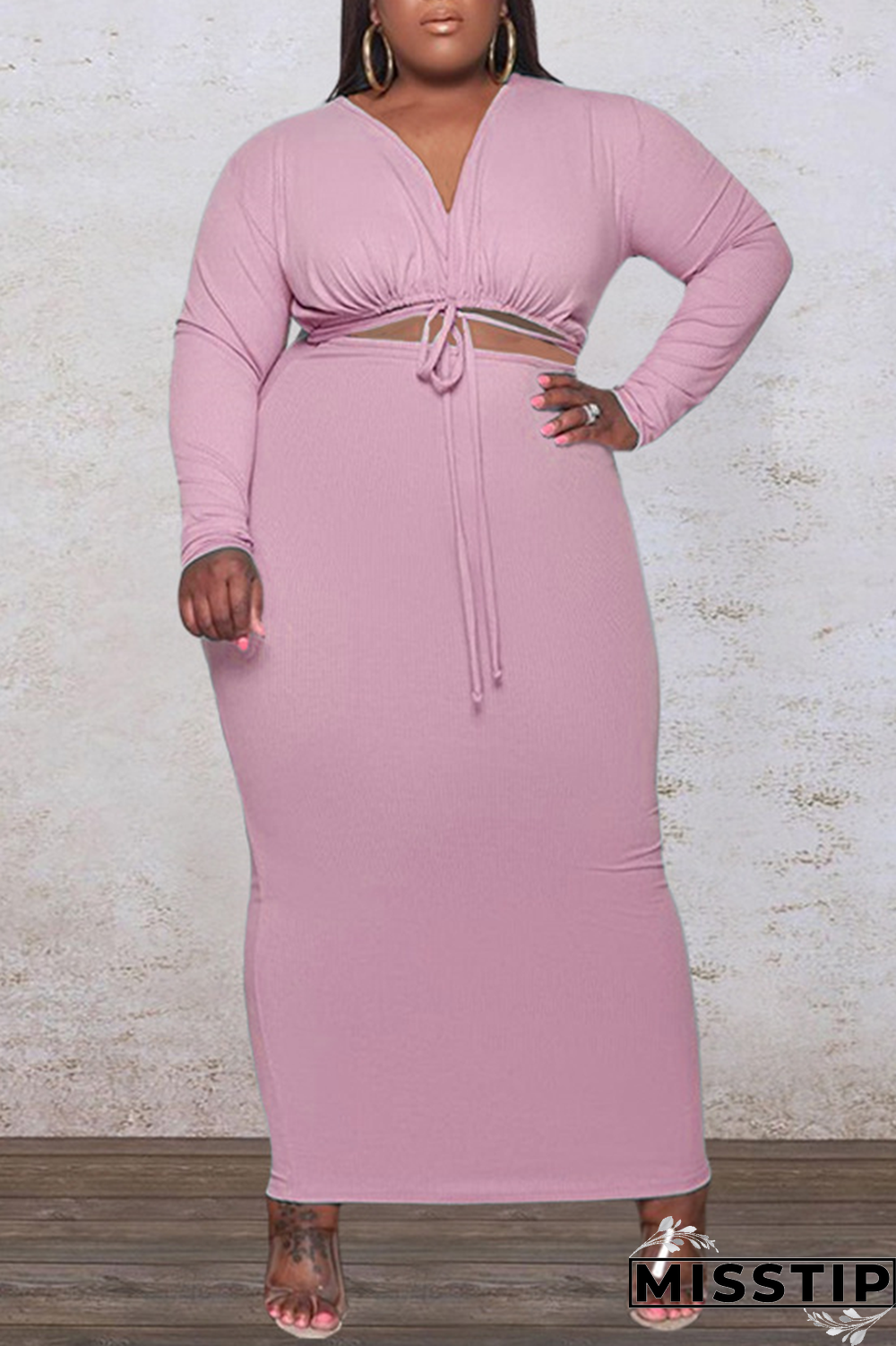 Blue Sexy Solid Patchwork V Neck Plus Size Two Pieces