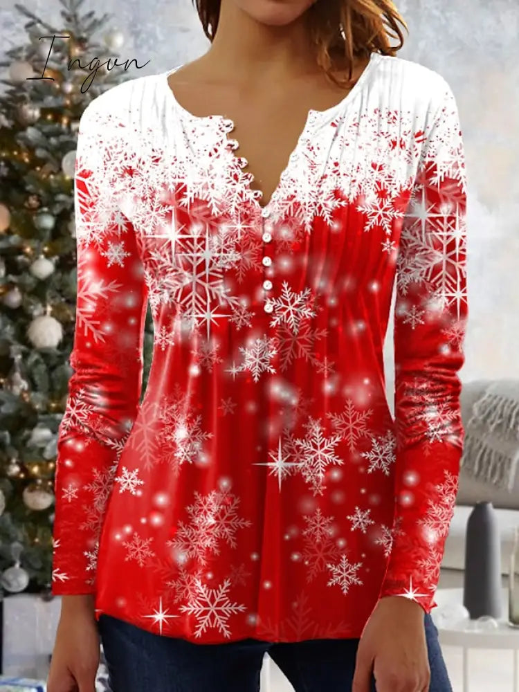 Ingvn - Women’s Shirt Black Pink Red Snowflake Button Print 3/4 Length Sleeve Christmas Weekend